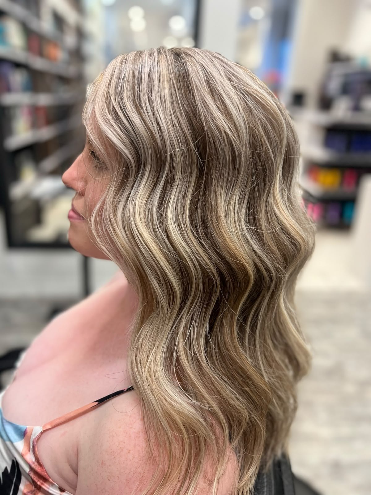 Dimensional blonde waves by Kelly May at Shear Bliss