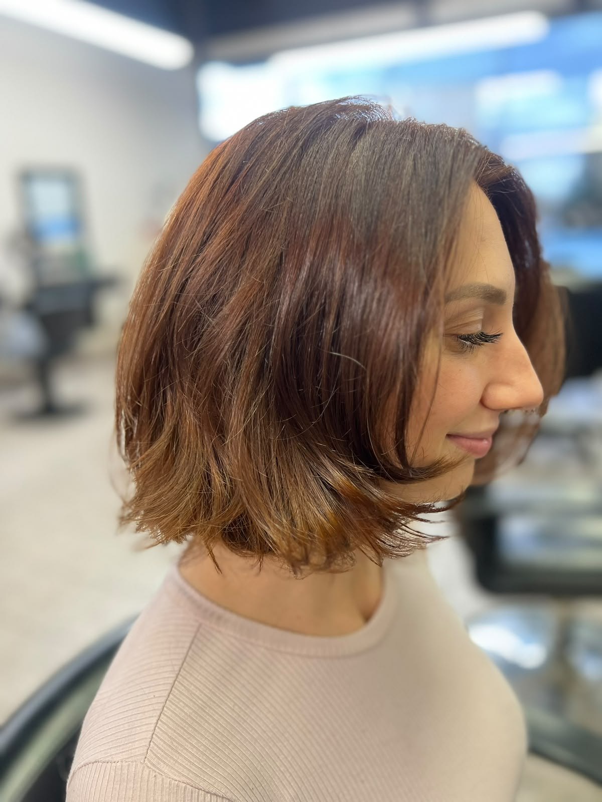 Soft brunette bob by Kelly May at Shear Bliss